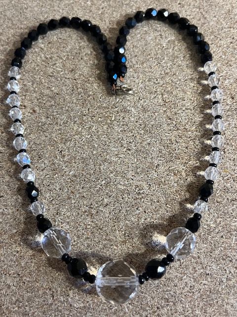 Black Glass Beads and Crystal Bead Necklace